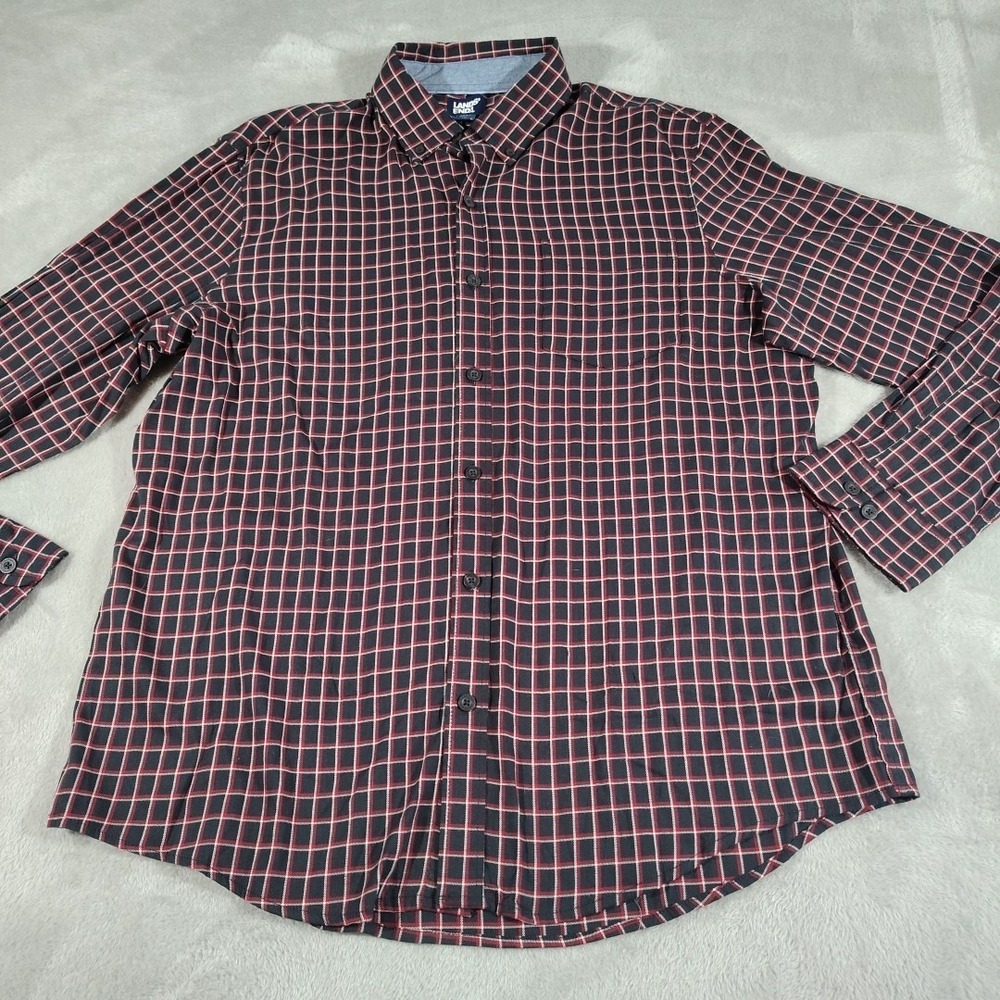Lands' End Shirt Men XL  Black Plaid Lightweight Office Work Comfort Long Sleeve